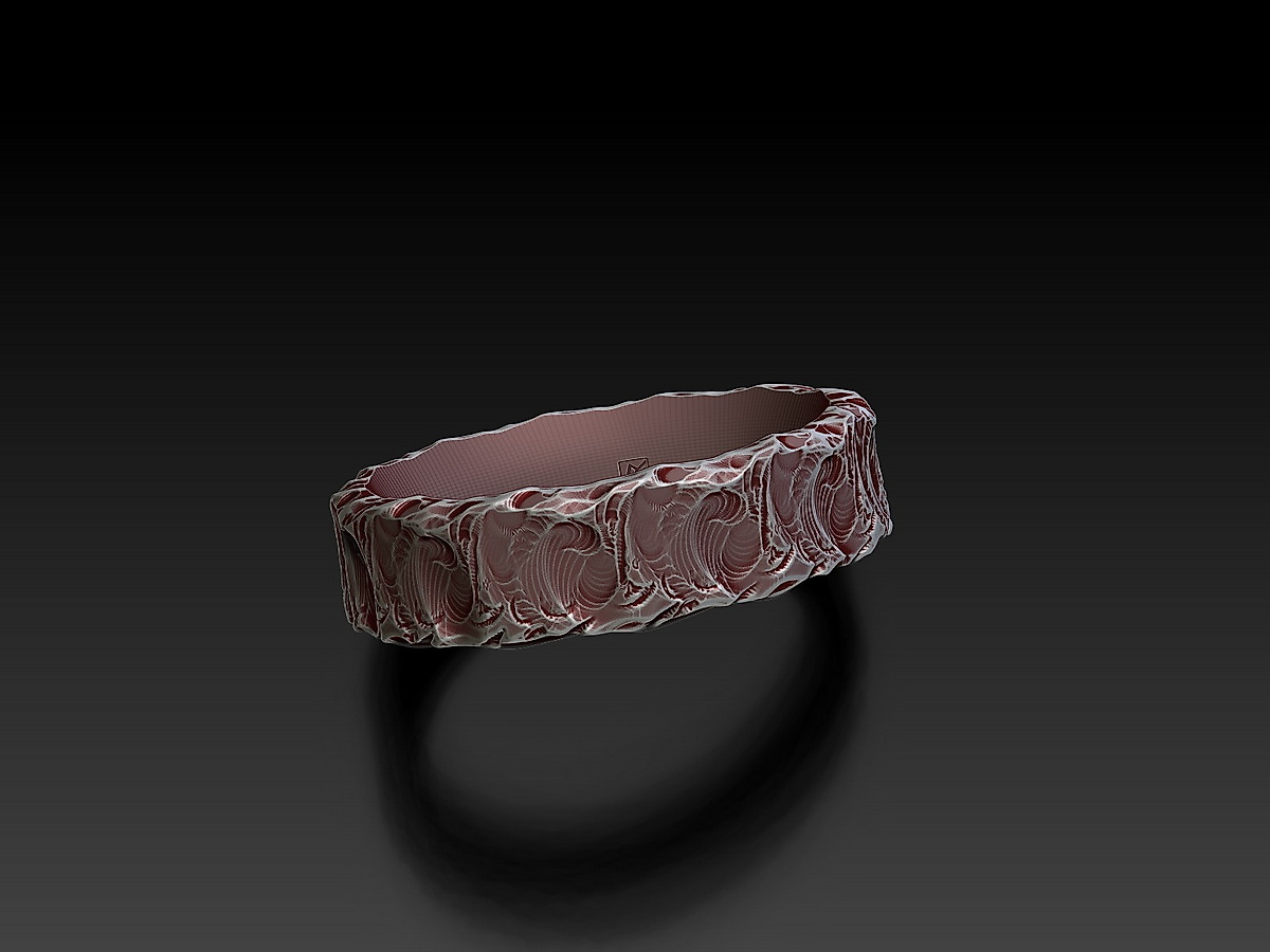Front three-quarter view of Rock and Wave Ring showing the rough sculptural exterior and the smoother lower edge around the inner opening